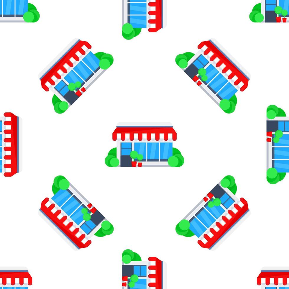 Seamless pattern of store buildings with red and white awnings, plants, and large windows, representing small businesses and local commerce vector