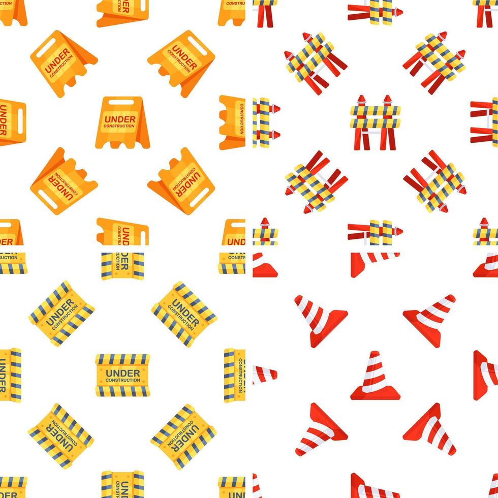 Under Construction Signs Seamless Pattern Showing Roadblock, Cones and Warning Sign vector