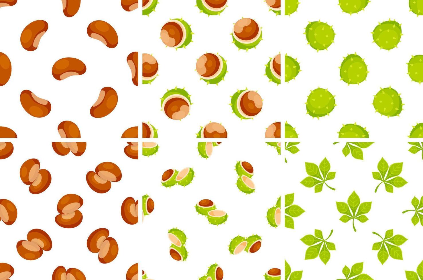 Seamless patterns with chestnuts showing the peel, the fruit, the leaves and the inside vector