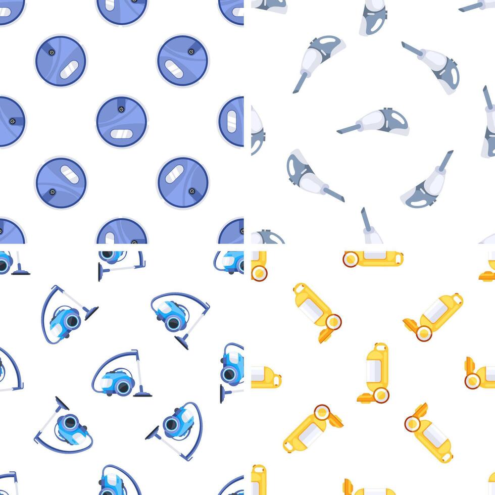 Seamless pattern with various vacuum cleaners performing cleaning tasks vector