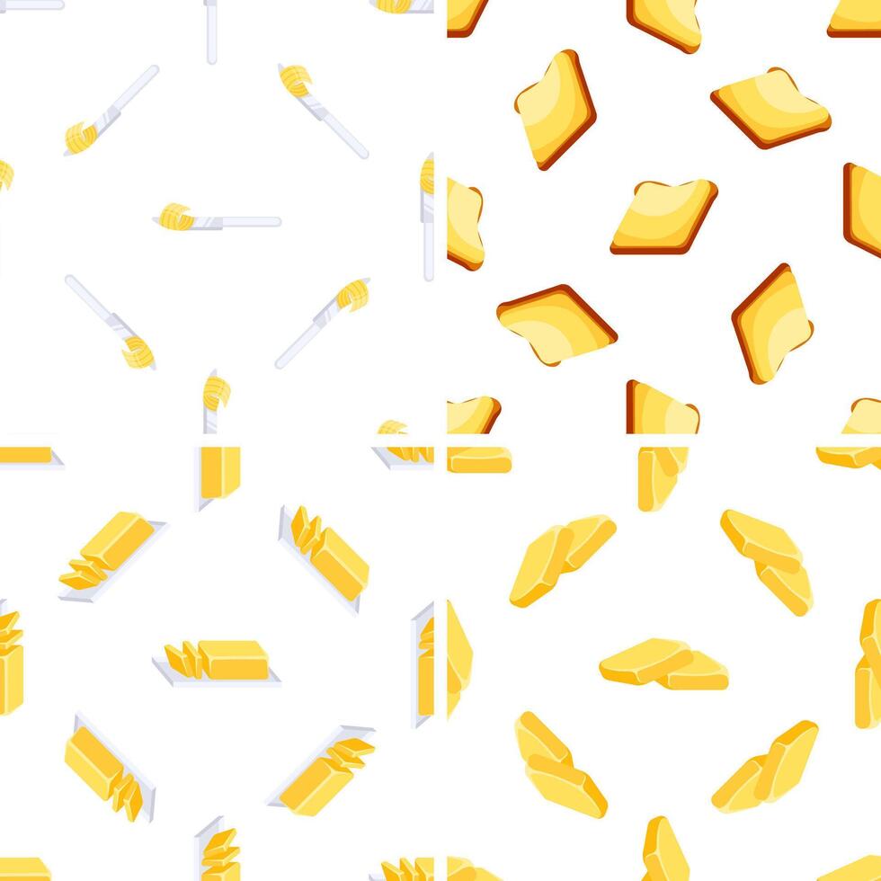 Seamless pattern with butter curls, toast, knife and butter dish on white background vector
