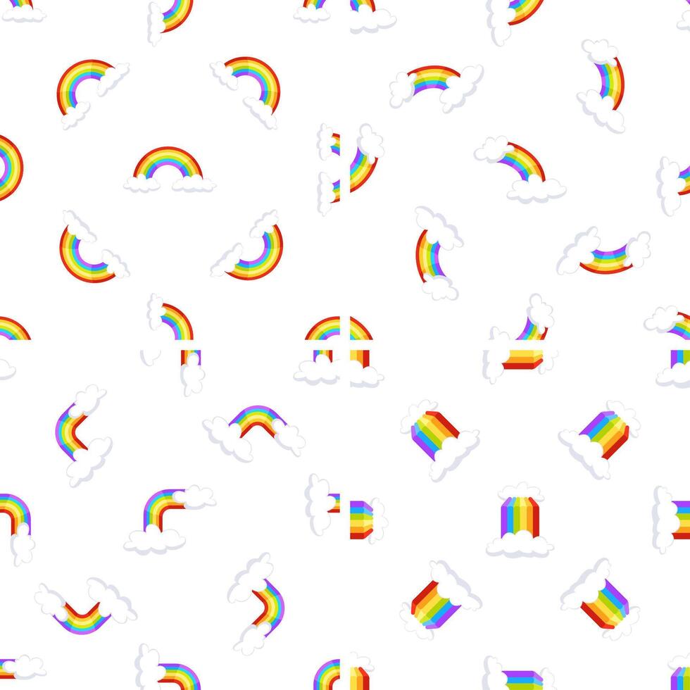 Colorful rainbows and clouds creating a seamless pattern on white background vector