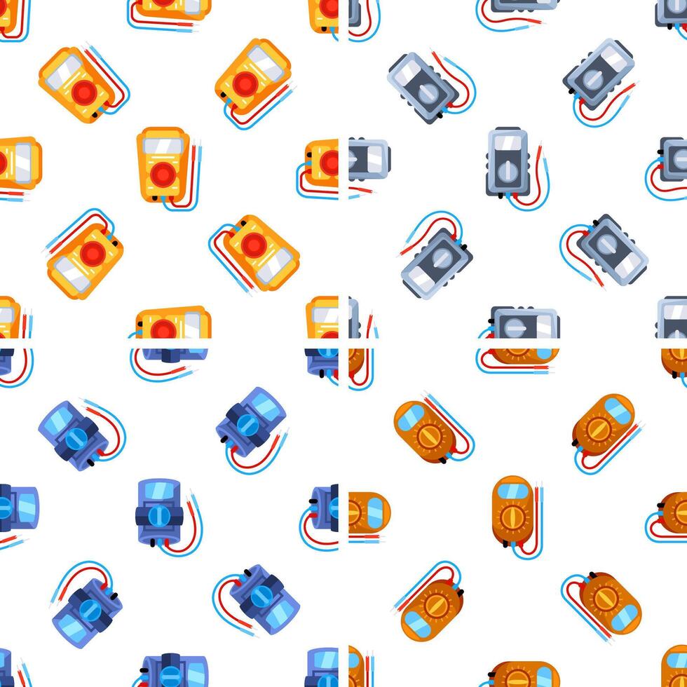 Seamless pattern with colorful multimeters showing electrical measurement testing equipment for electricians and engineers vector
