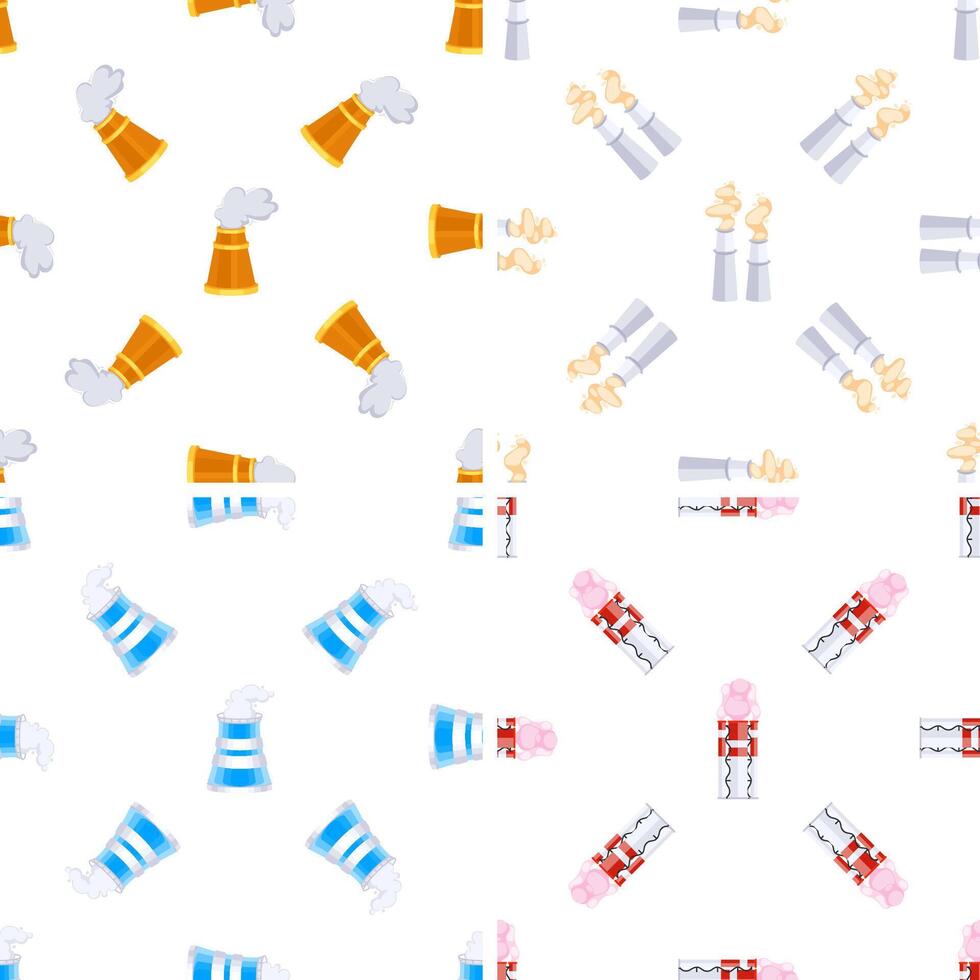 Industrial chimneys and cooling towers emitting smoke on seamless pattern vector