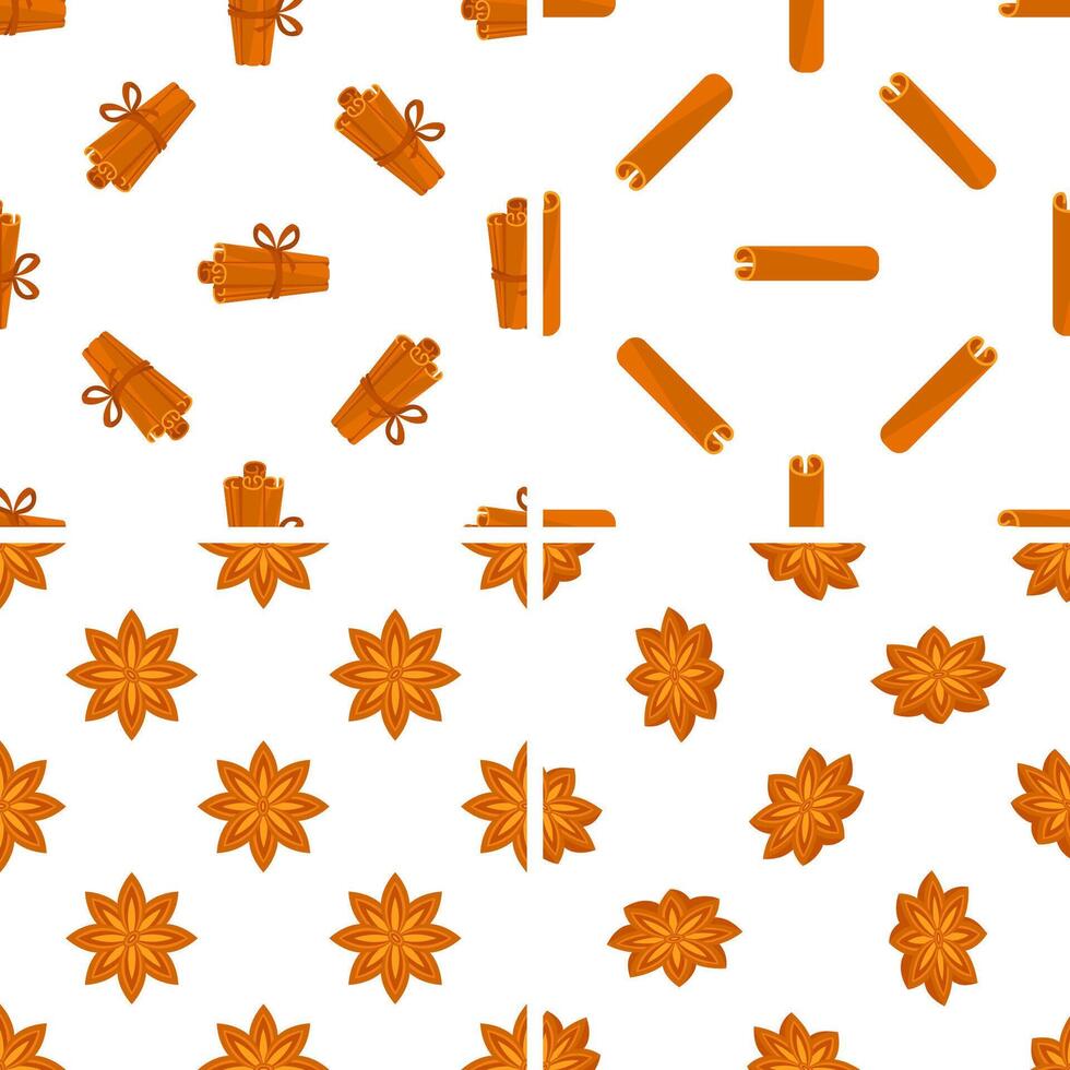 Seamless pattern with cinnamon sticks and star anise spices on white background vector