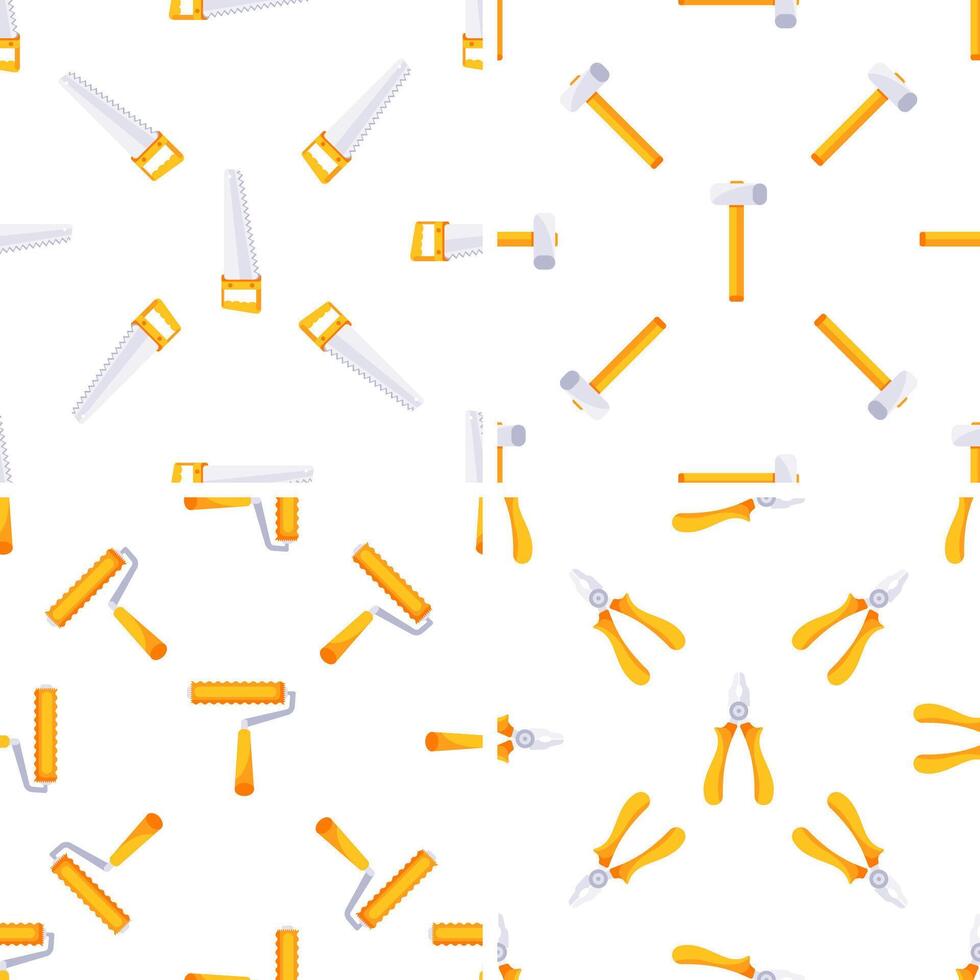 Seamless pattern of hand tools including saws, hammers, paint rollers and pliers, creating a repetitive design on white background vector