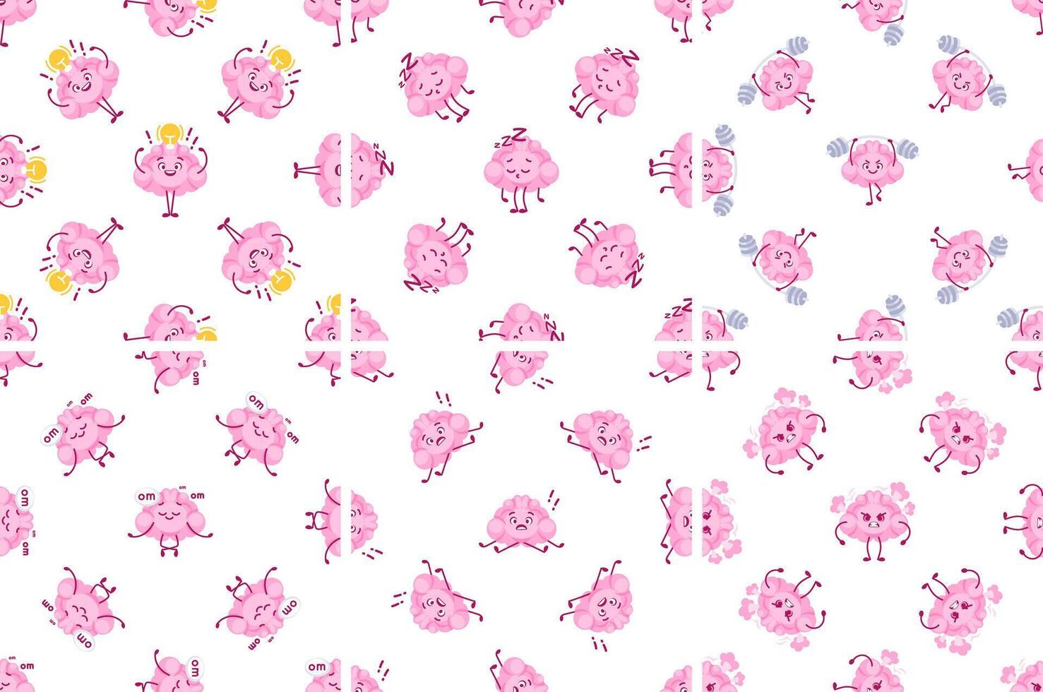 Cute Pink Brain Characters Seamless Pattern Showing Different Activities vector