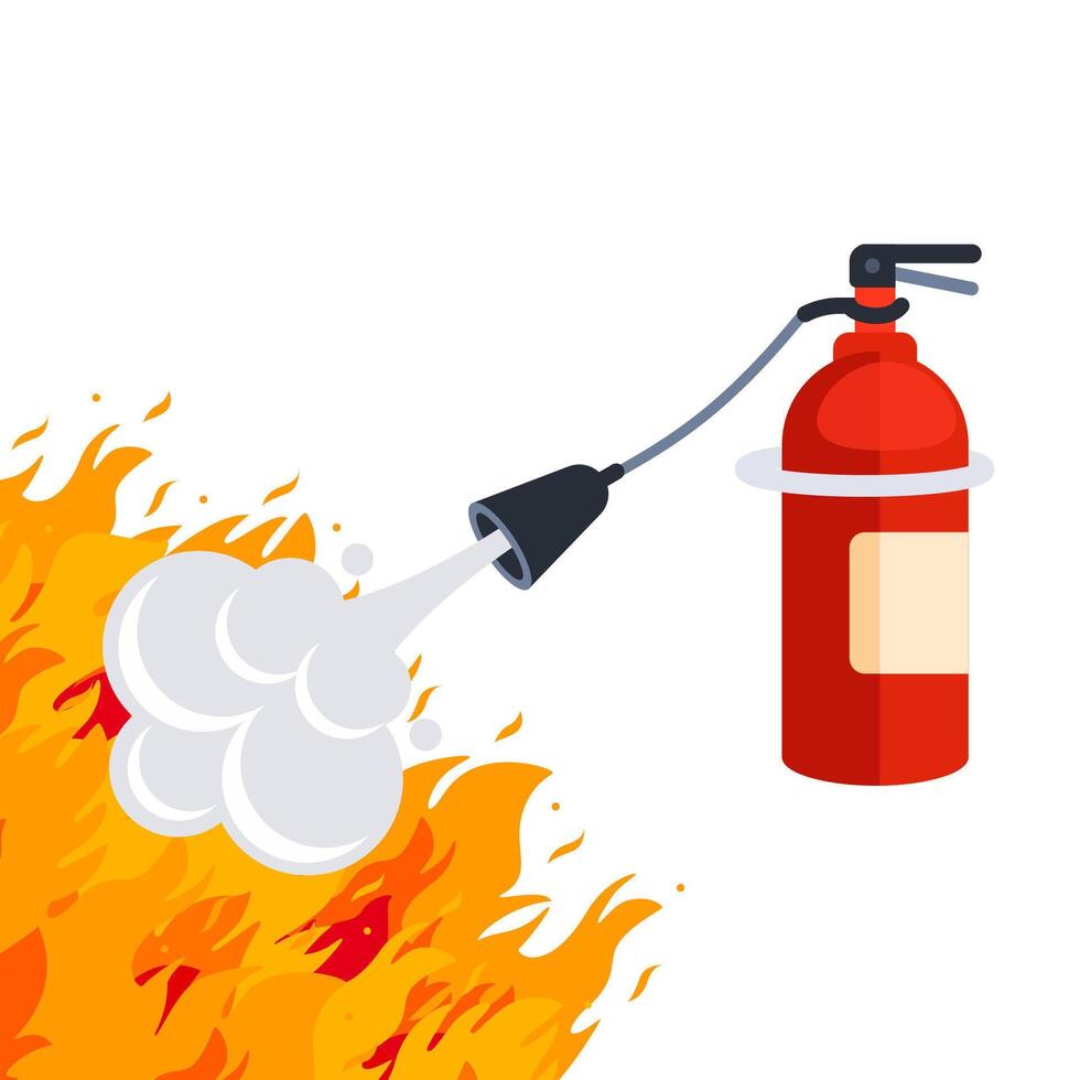 Fire extinguisher fighting fire with foam or gas vector