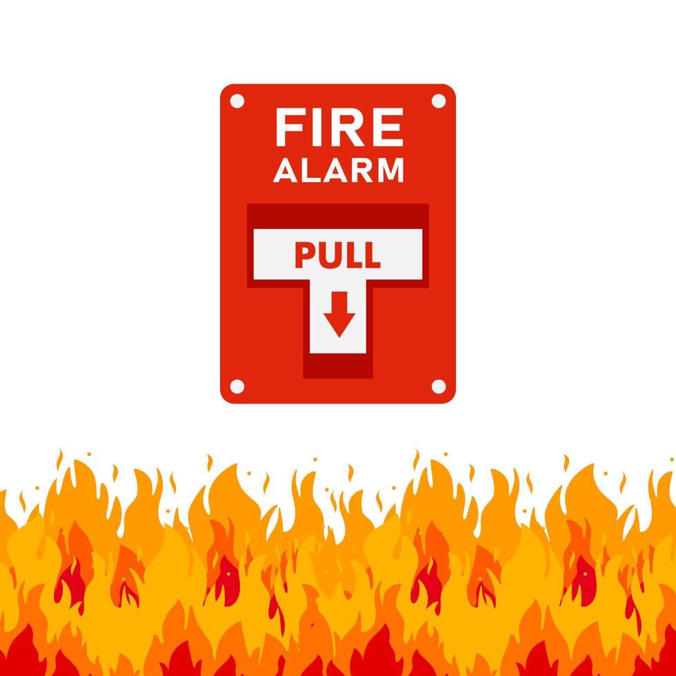 Fire alarm switch with burning flames and white background vector