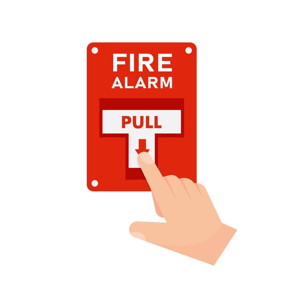 Hand pulling fire alarm switch for emergency fire break out vector