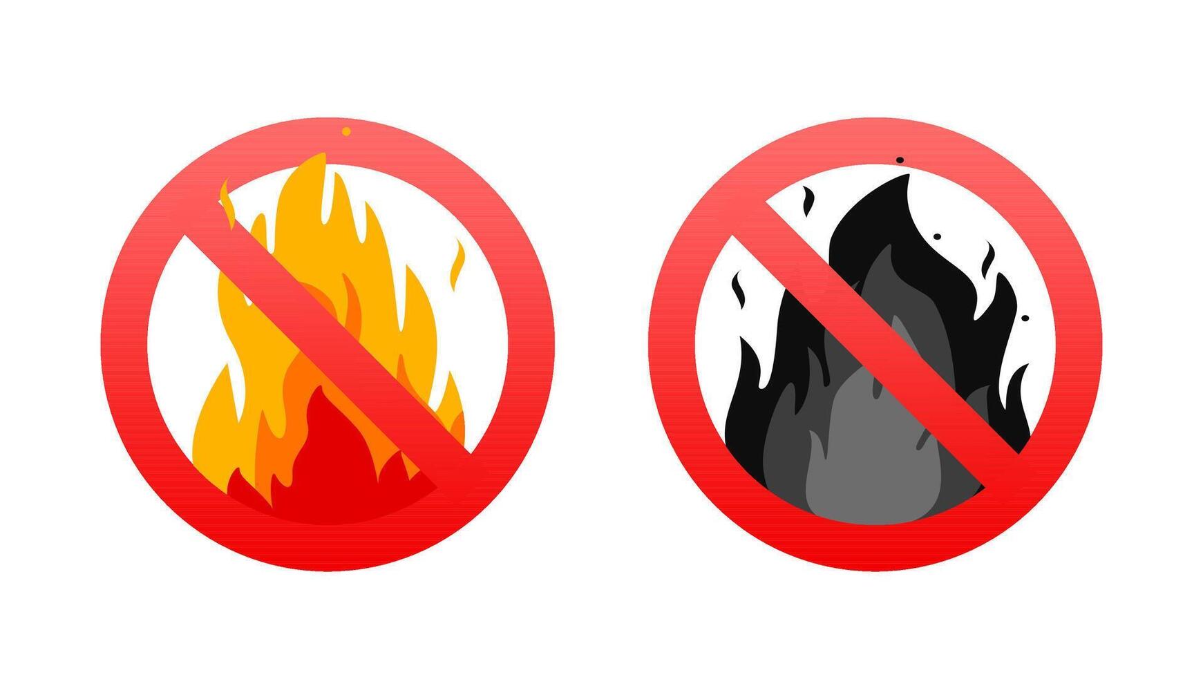 No fire allowed, two signs prohibiting flames and burning, red forbidden symbol with fire flames, flammable danger vector
