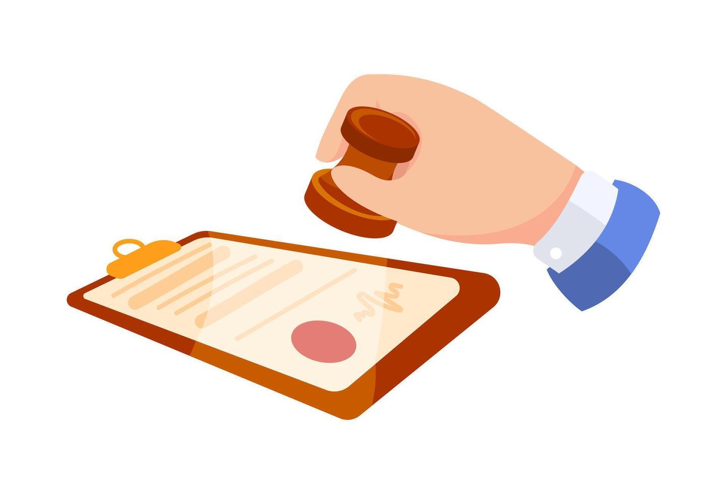 Businessman stamping document on clipboard with wooden stamper vector