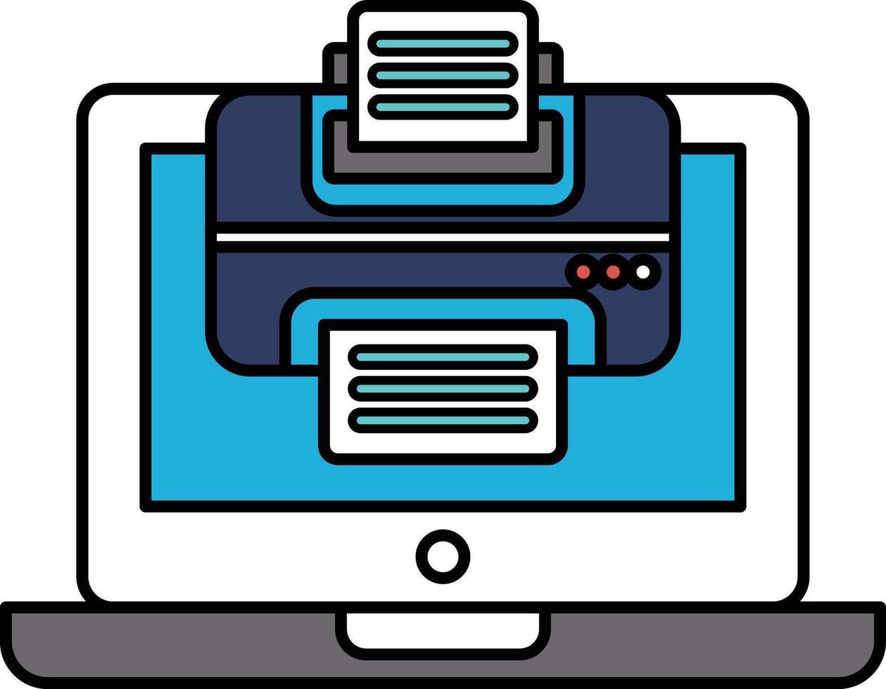 A laptop screen shows a printer with a stack of papers on top of it vector
