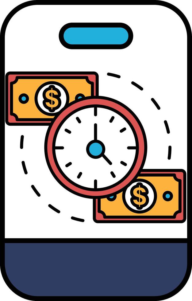 A phone with a clock and two dollar bills on it vector