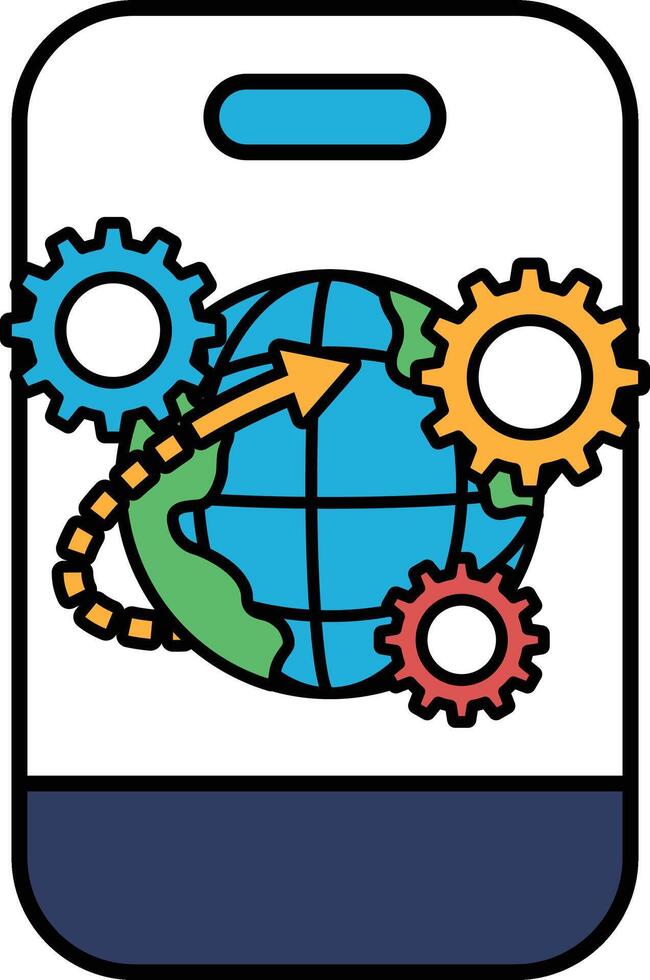 A blue and white image of a globe with a green arrow pointing to the right vector