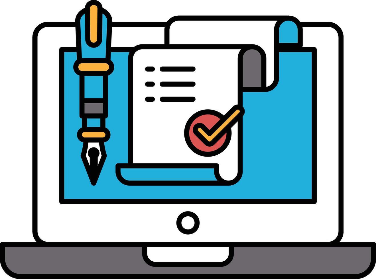 A pen and a piece of paper are on a laptop screen vector