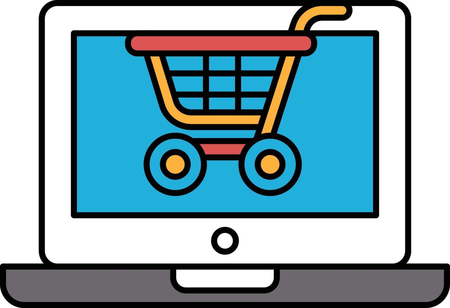 A laptop screen shows a shopping cart with a blue background vector