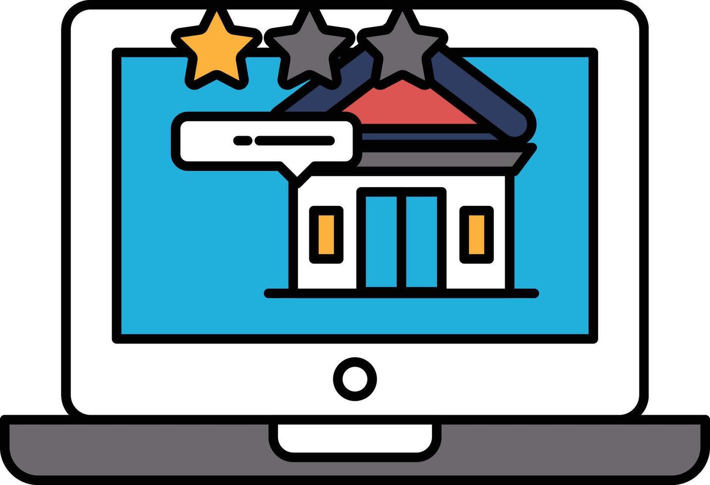 A laptop screen shows a house with three stars and a star on the top left corner vector