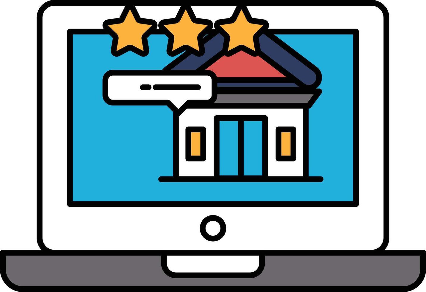 A laptop screen shows a house with three stars and a building vector