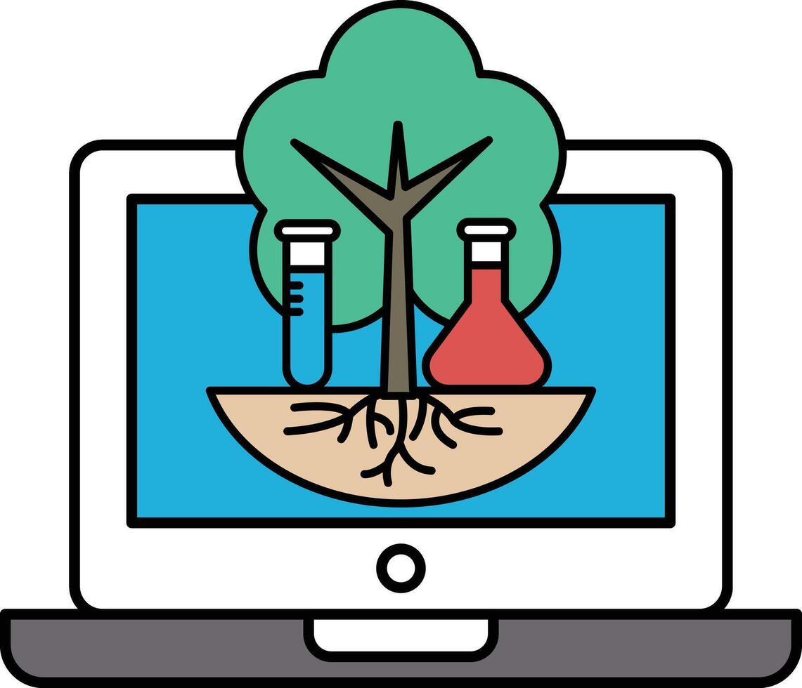 A laptop screen shows a tree with a tree root and a tree trunk vector
