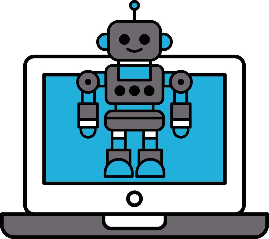 A robot is standing on a laptop screen vector