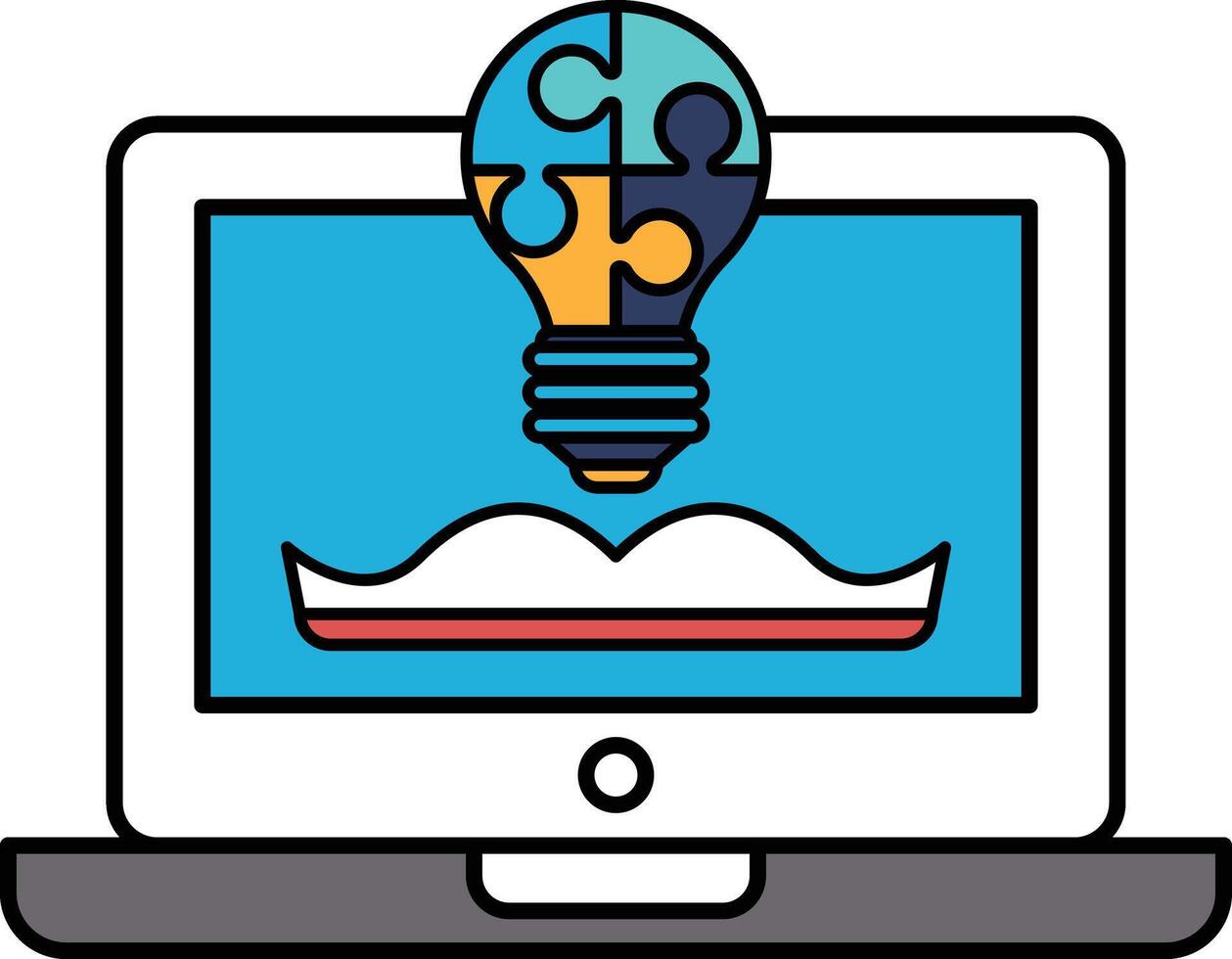A laptop screen shows a light bulb with a book underneath it vector