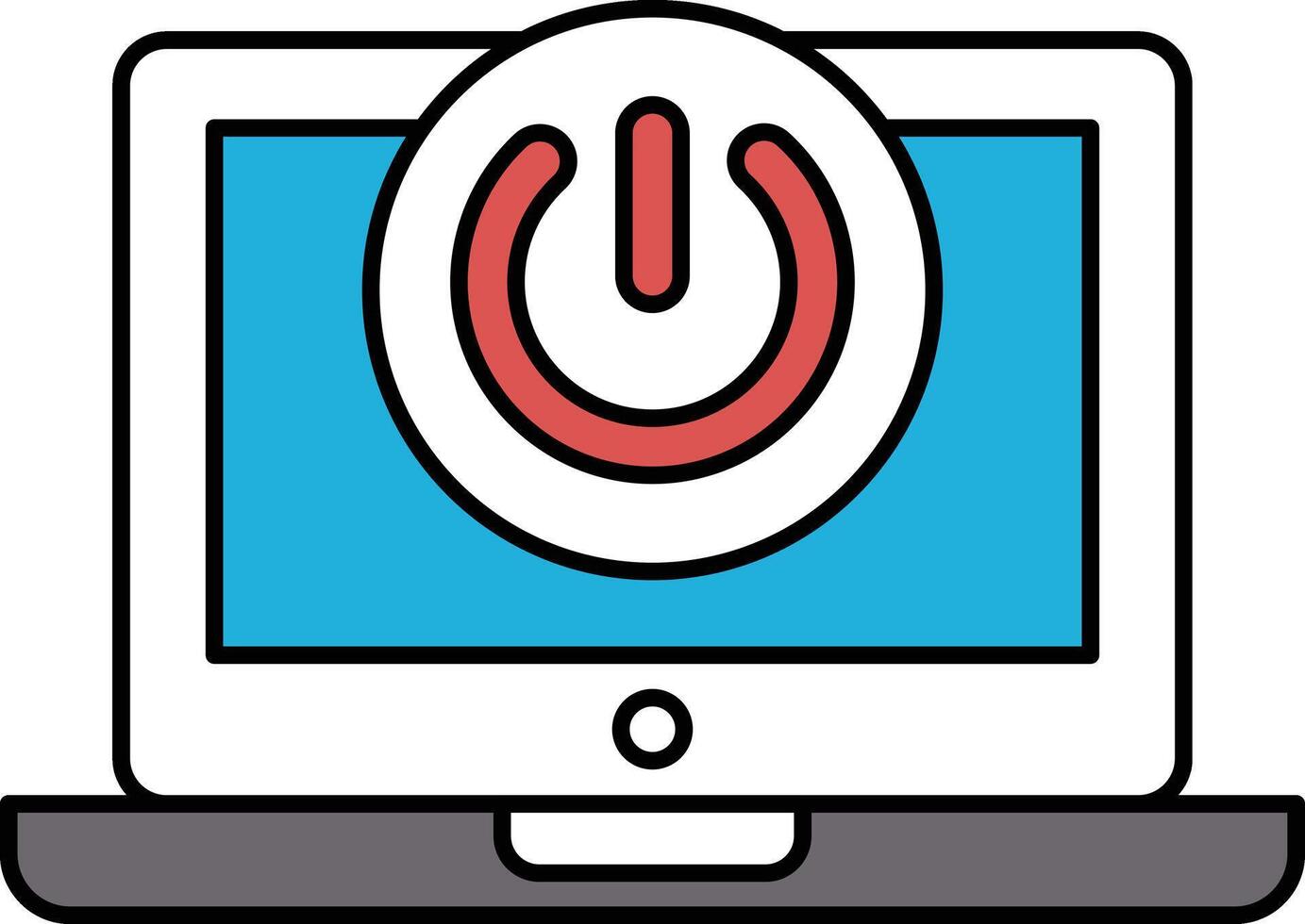 A laptop screen with a red button in the center vector