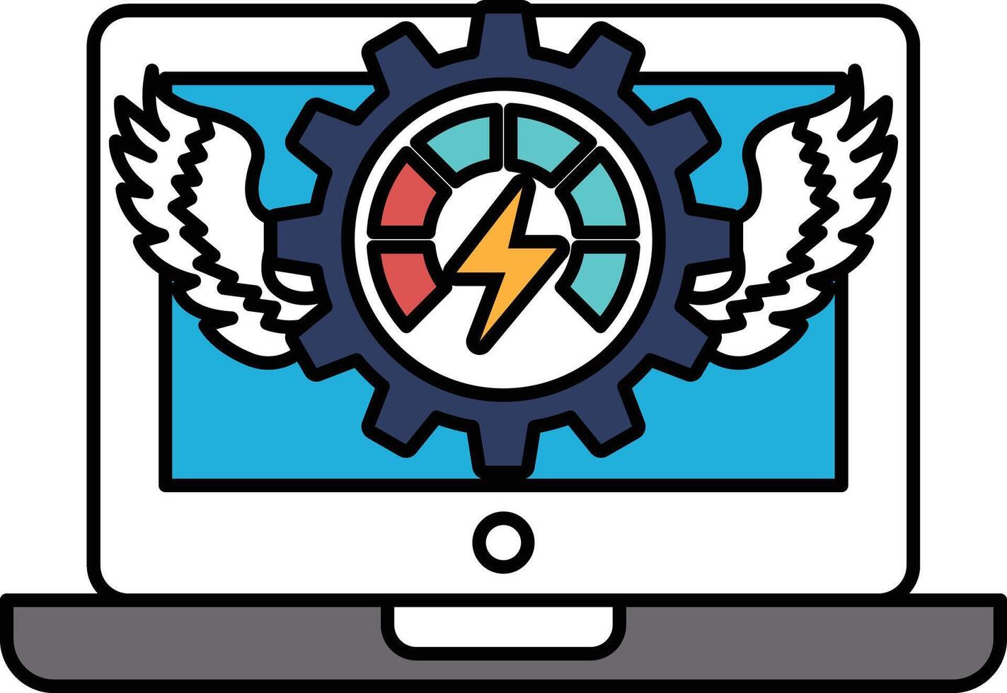 A laptop screen with a gear and wings on it vector