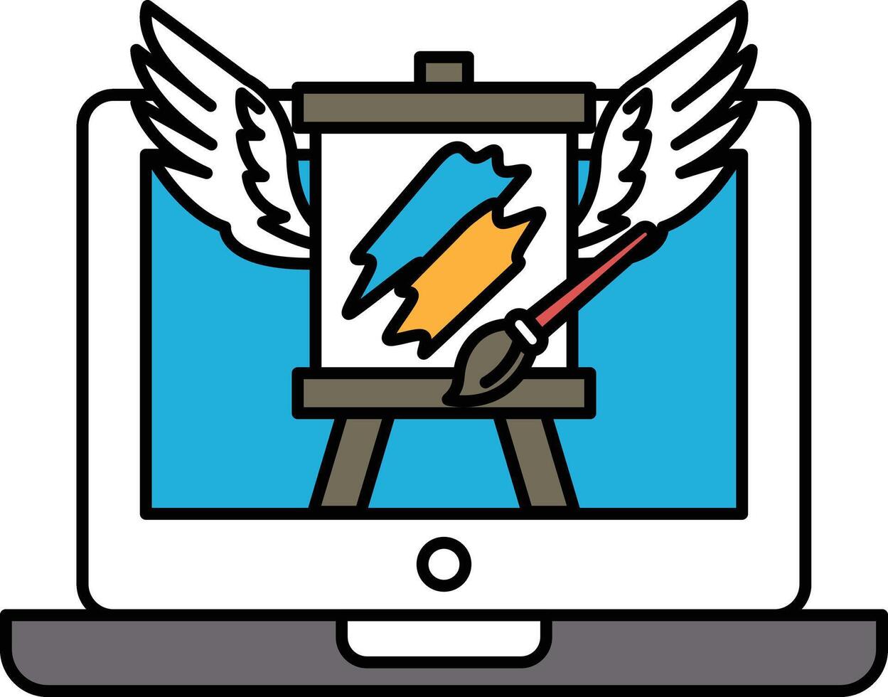 A laptop screen shows a painting with a brush and a palette vector