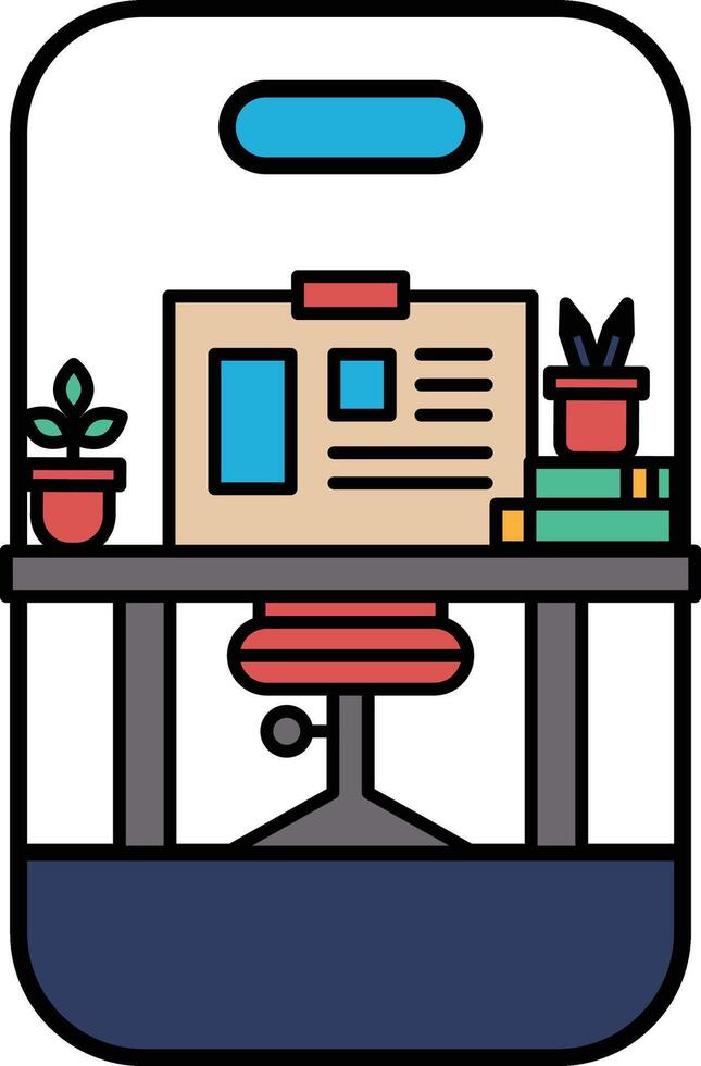 A cartoon drawing of a desk with a chair, a computer, a plant, and a book vector