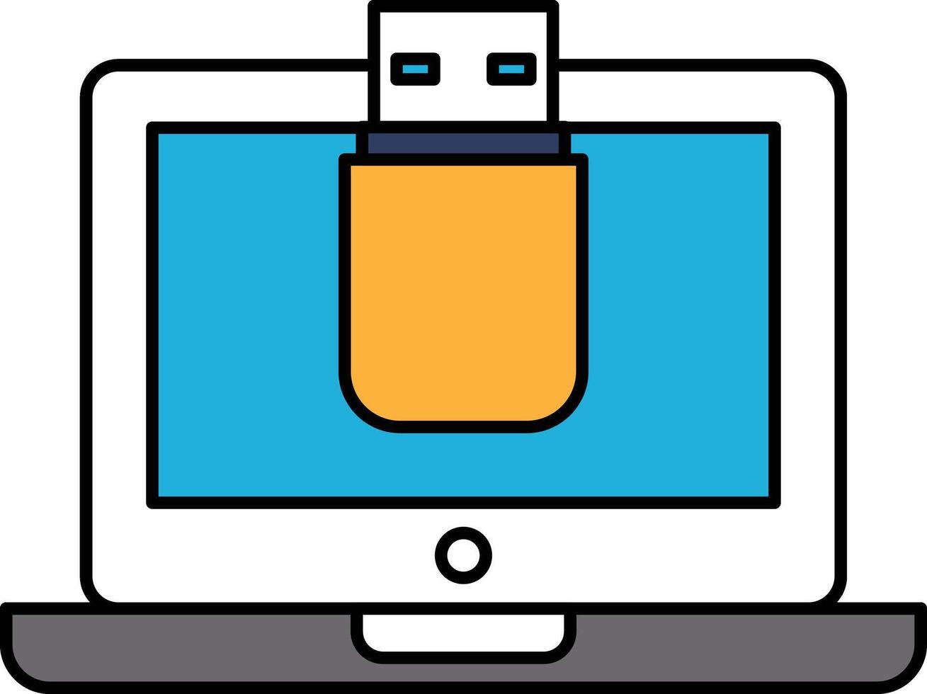 A laptop screen with a USB drive in the foreground vector
