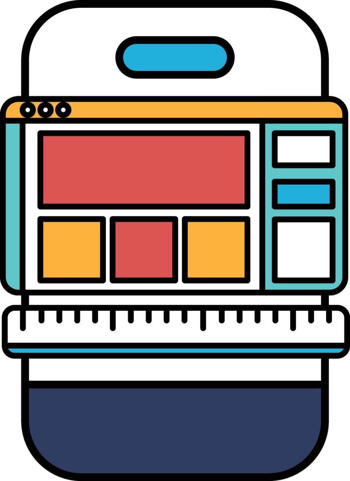 A blue and white cell phone with a ruler on top of it vector