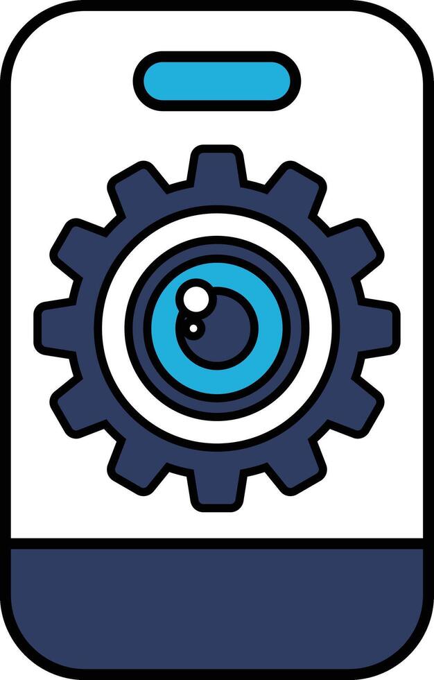 A blue and white phone with a gear and a camera lens vector