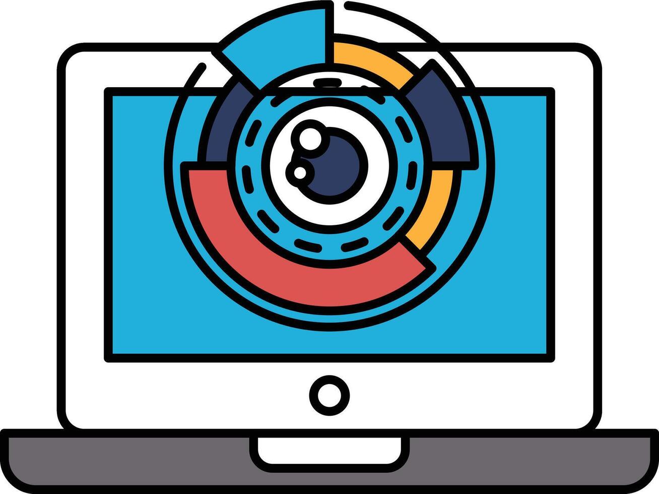 A laptop screen shows a colorful eye with a red, blue vector