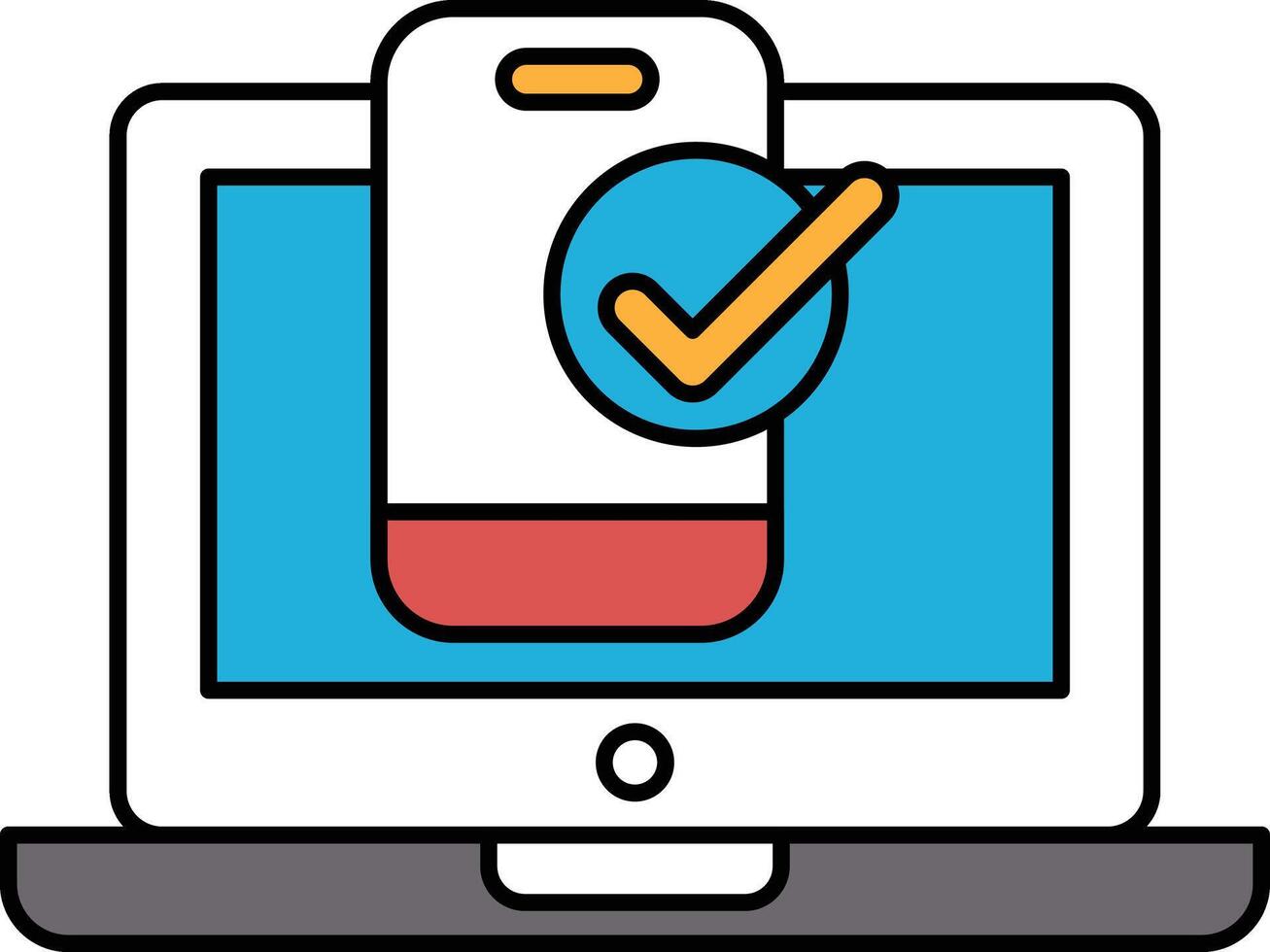 A laptop screen shows a phone with a check mark on it vector