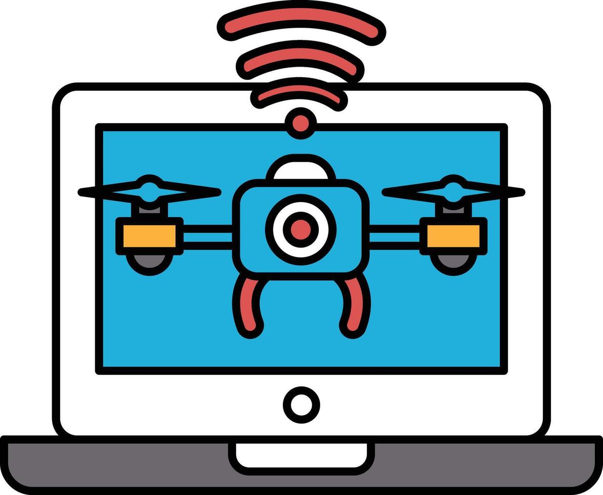 A drone with a camera on it is displayed on a laptop screen vector