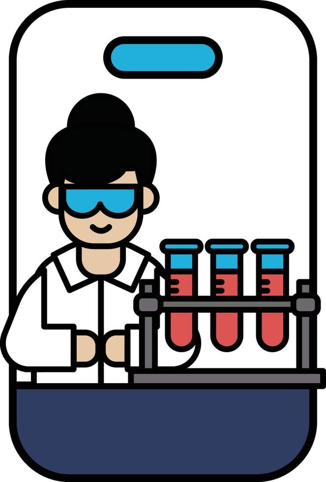 A woman in a lab coat is wearing goggles and holding three test tubes vector