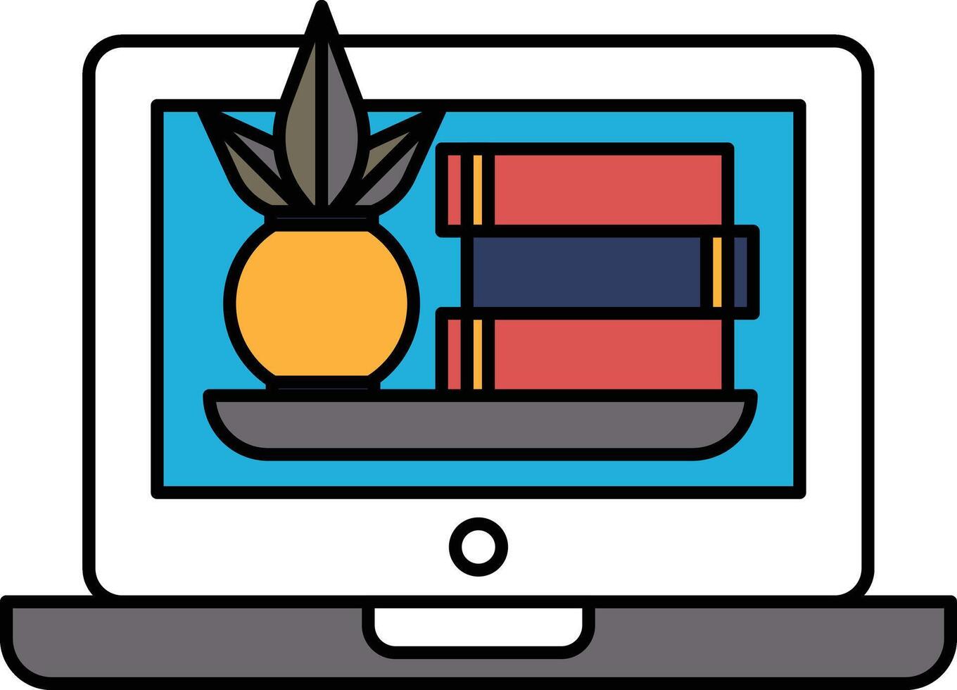 A laptop screen shows a plant and a stack of books vector