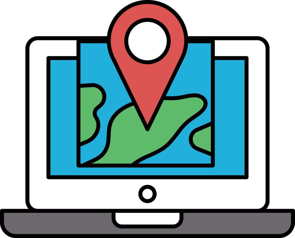 A laptop screen with a red pin on it and a map of the world vector