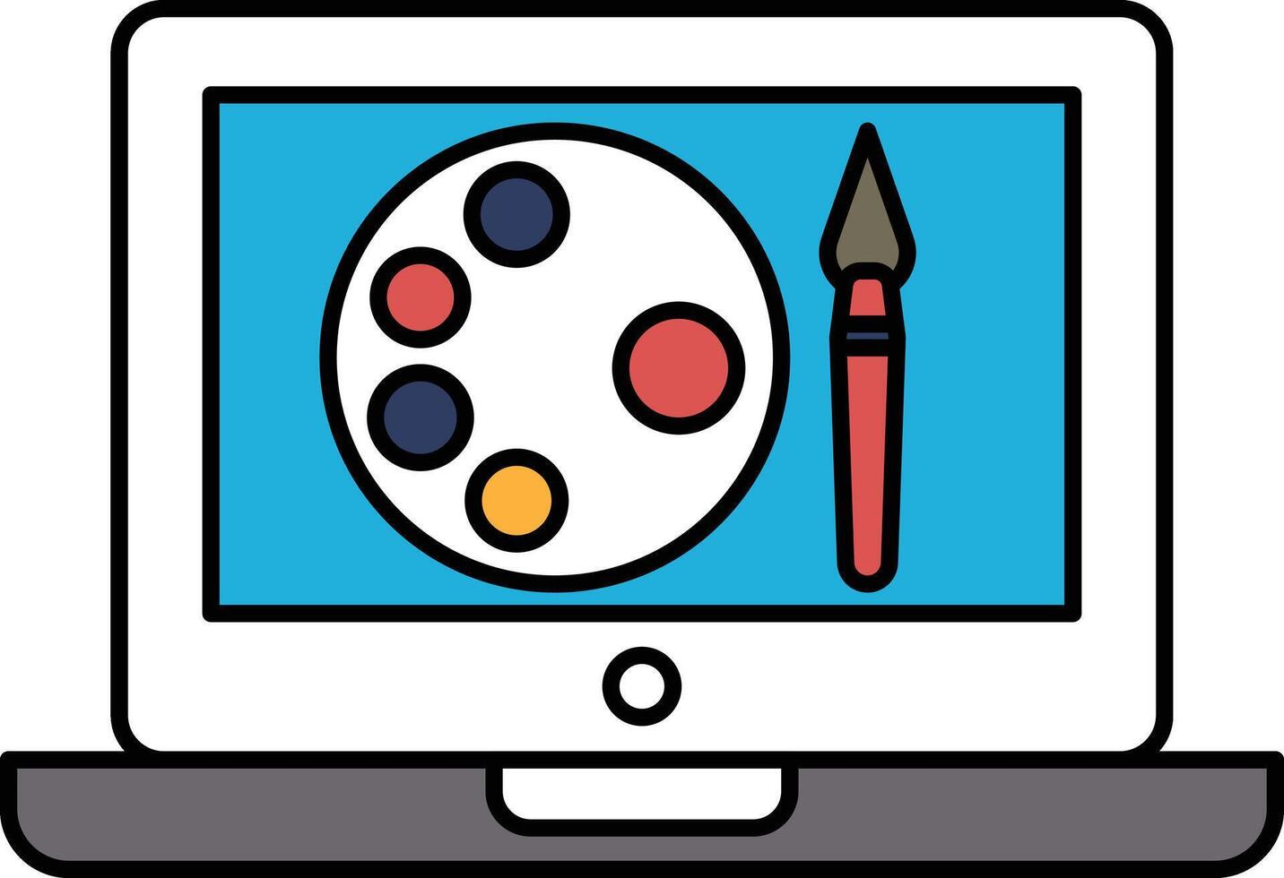 A laptop screen shows a painting palette with a brush on it vector