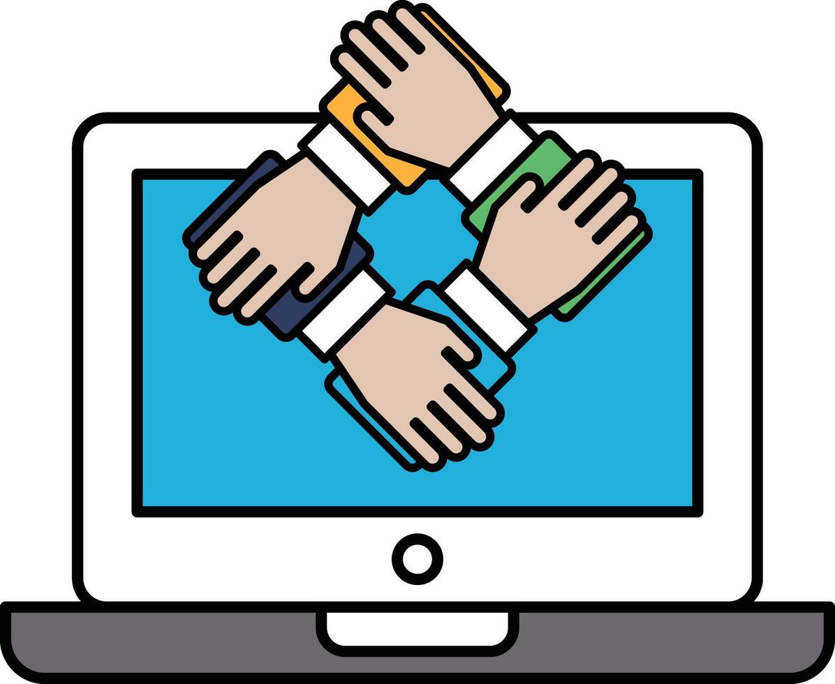 A laptop screen shows four hands holding hands in a square vector