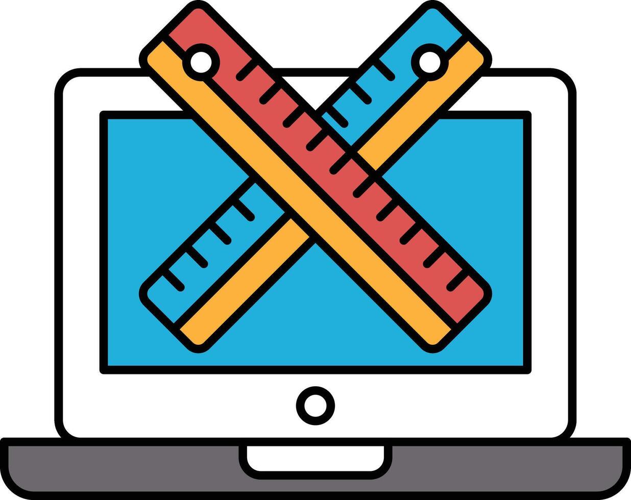 A laptop screen shows a ruler and a pair of rulers crossed over each other vector