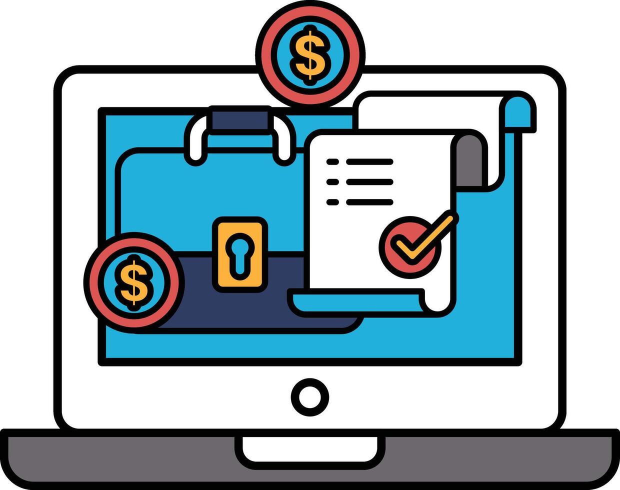 A laptop screen shows a document with a lock and a key on it, and a check mark vector