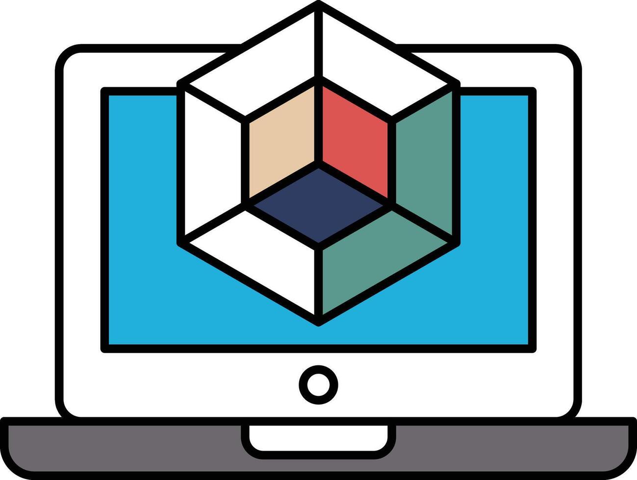 A computer monitor displays a cube on the screen vector
