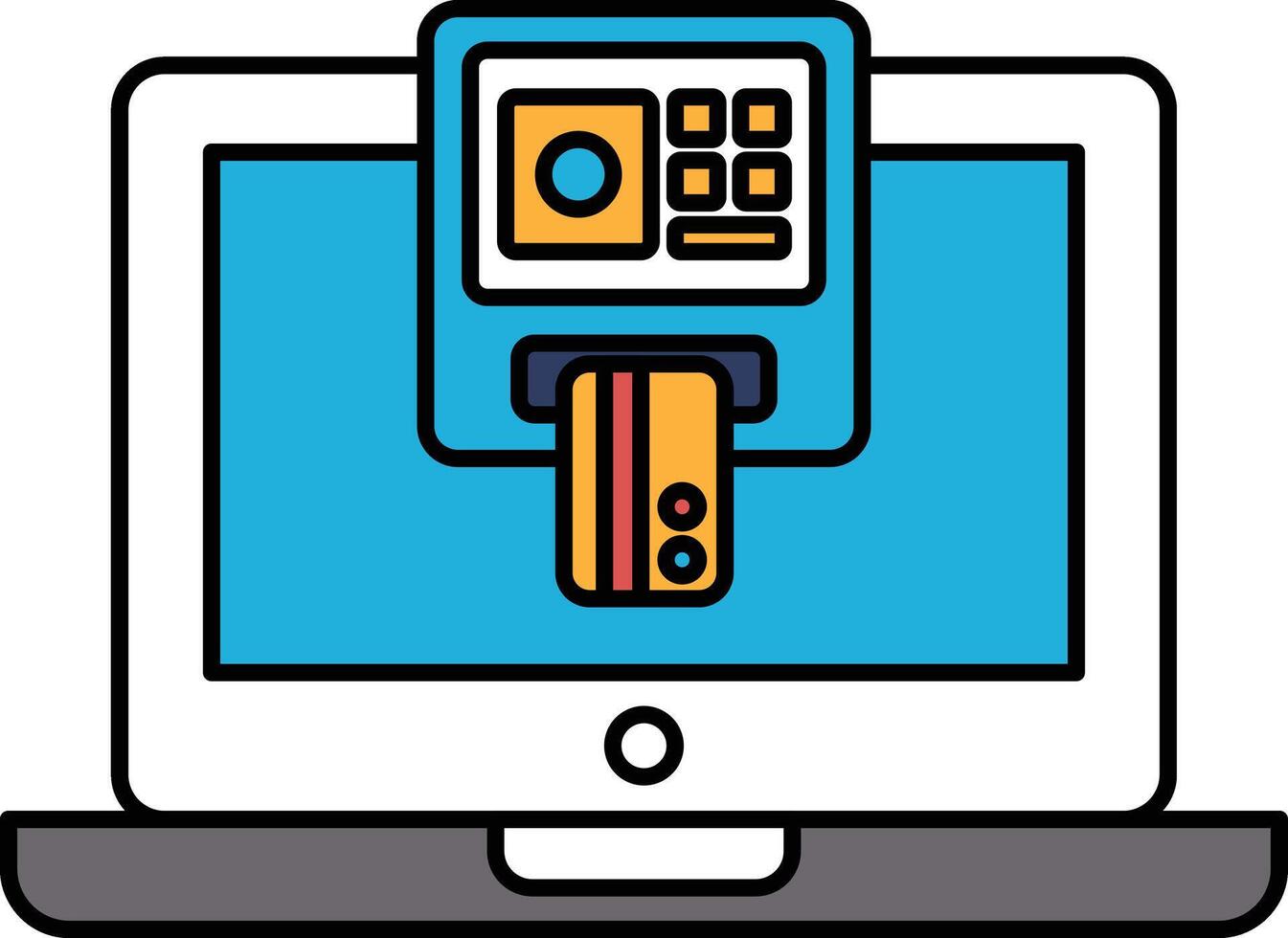 A laptop screen shows a credit card reader with a card inserted vector