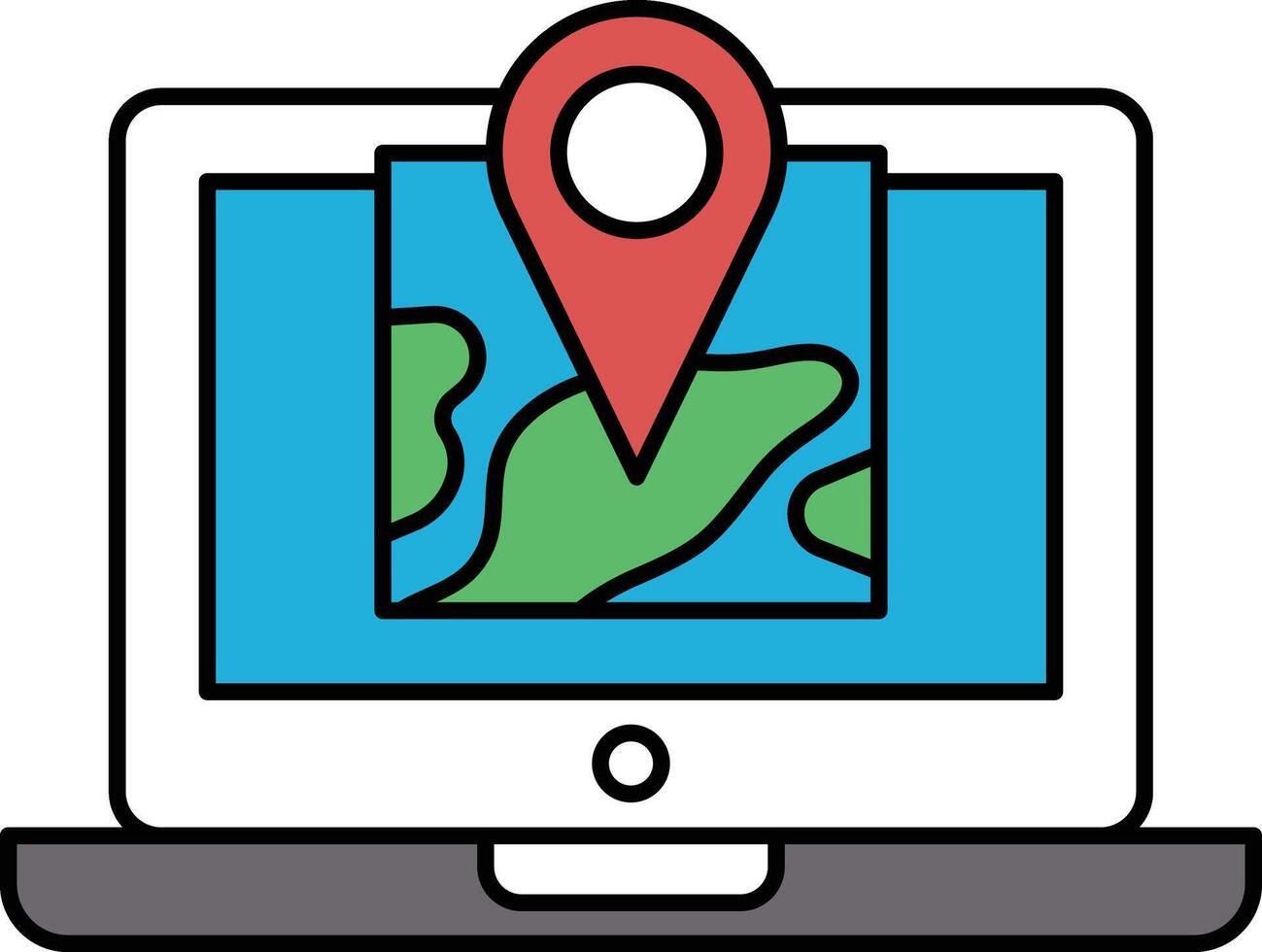 A laptop screen with a red and green pin pointing to a map vector