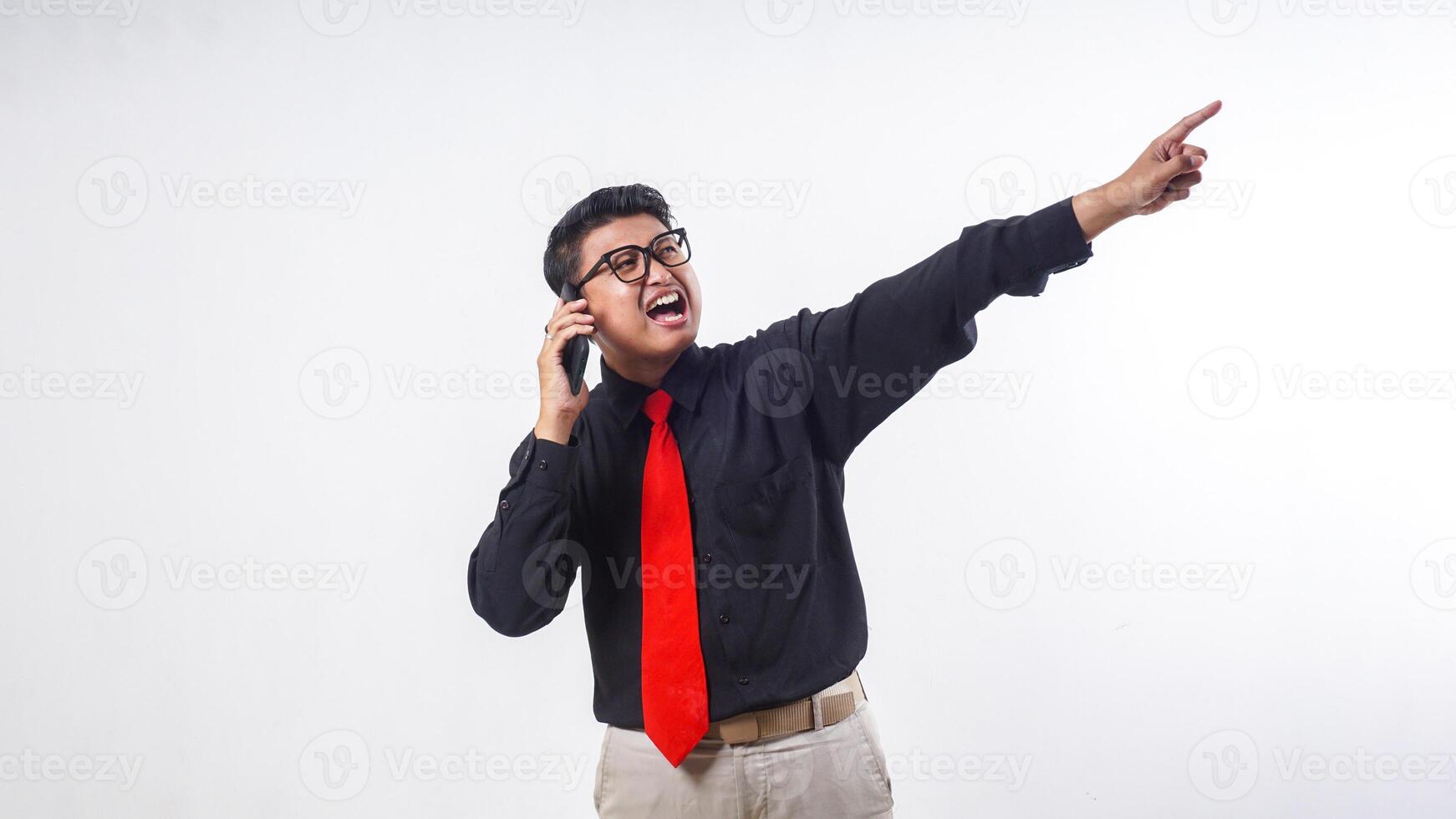 Asian employee business man corporate wearing formal clothes talking on the mobile phone call with frustrated facial expression isolated on white background photo