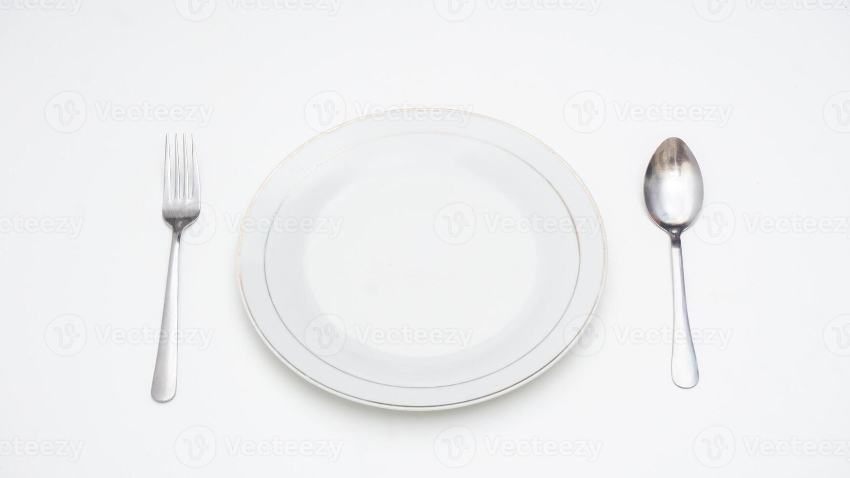 Metal Spoon, Fork, and Plate Isolated on White Background photo