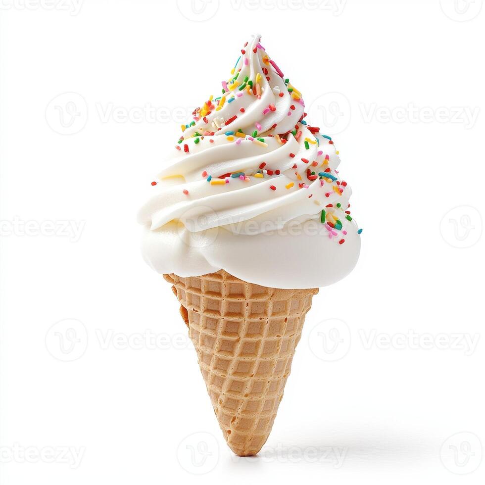 Delicious ice cream cone topped with fluffy whipped cream and colorful sprinkles, perfect for whimsical treat on sunny day photo