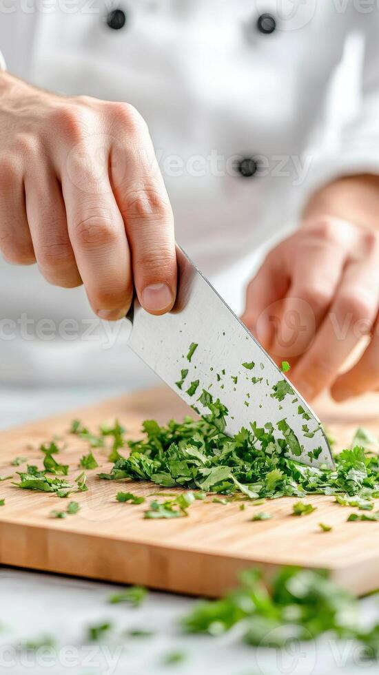 Chopping fresh cilantro with sharp knife, chef hands skillfully prepare ingredients for delicious meal. vibrant green herbs add flavor and freshness to dishes photo